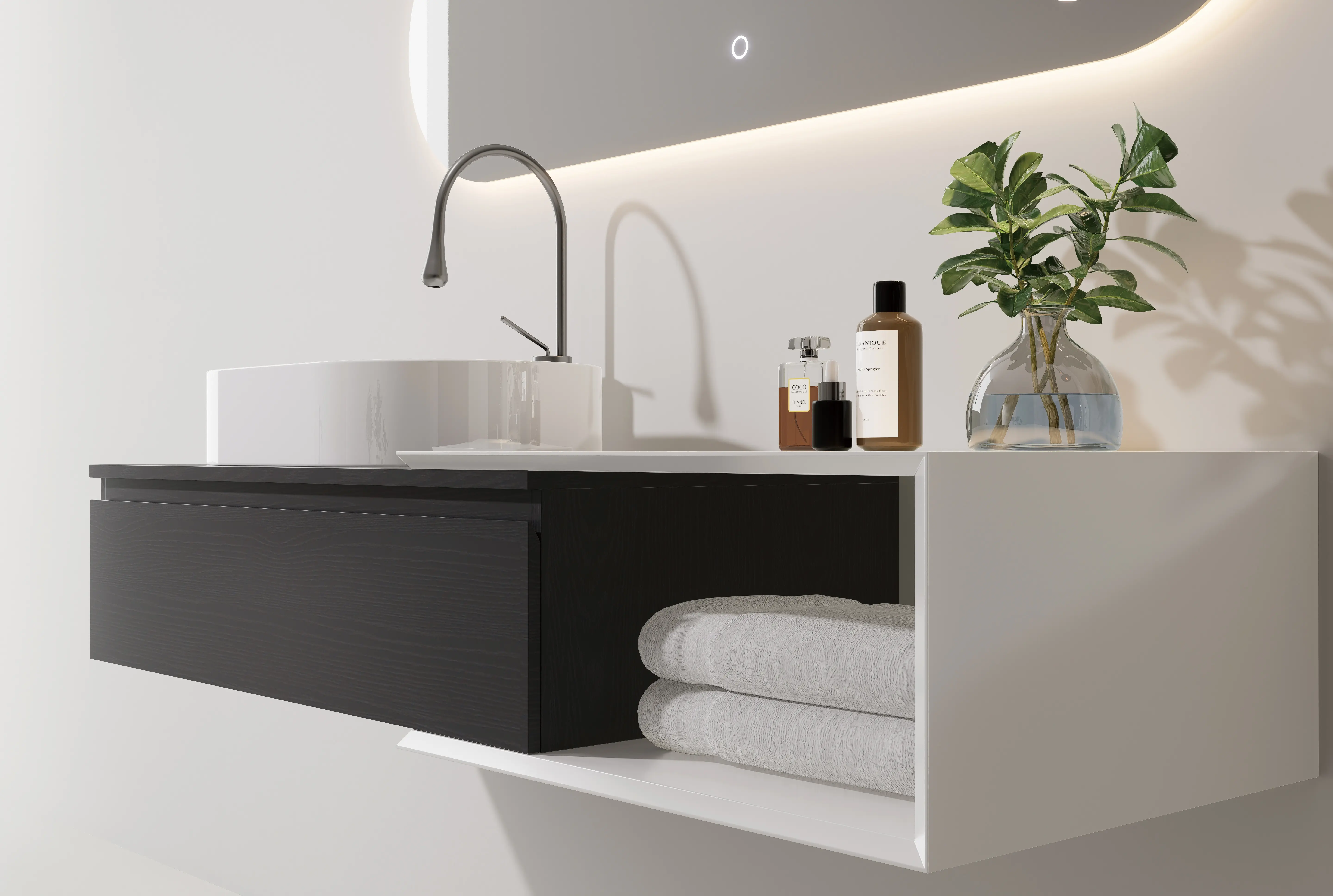Ensemble meuble bois noir, vasque à poser, meuble ajustable Carrara  et miroir LED – Streich