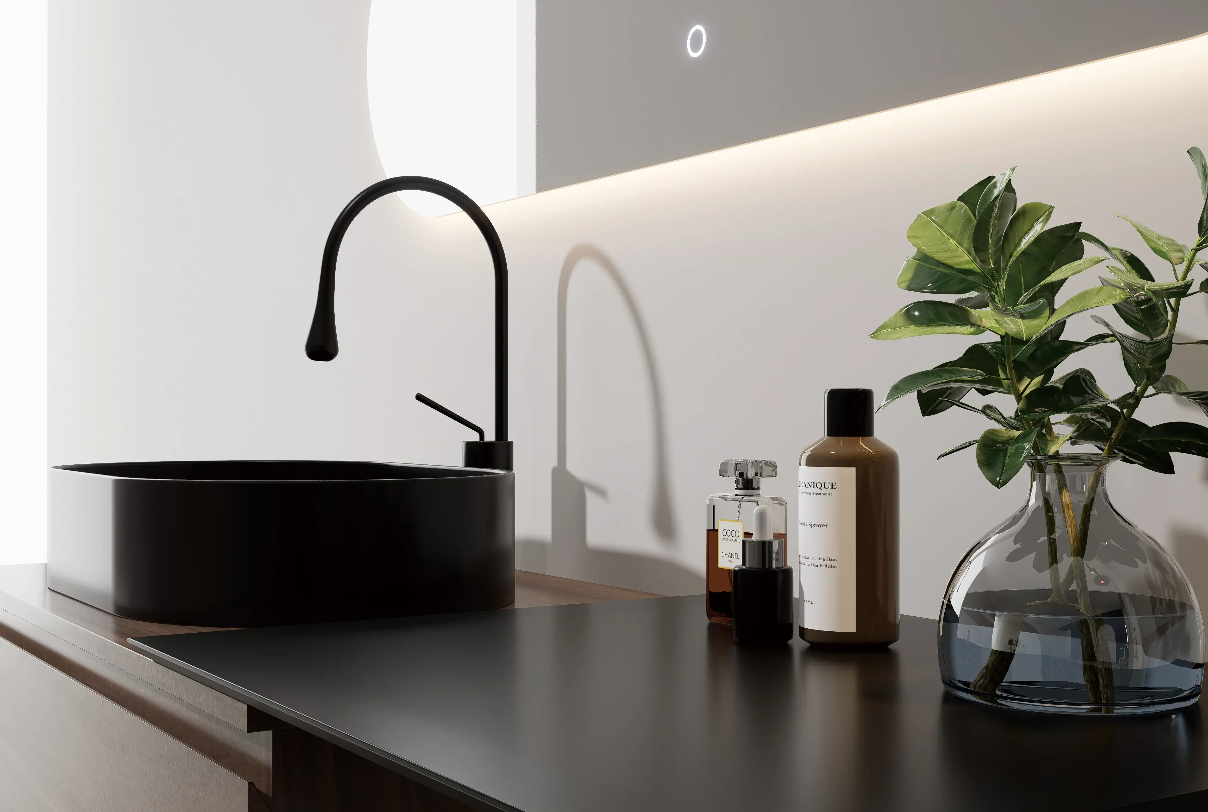 Ensemble meuble bois noir, vasque à poser, meuble ajustable Carrara  et miroir LED – Streich