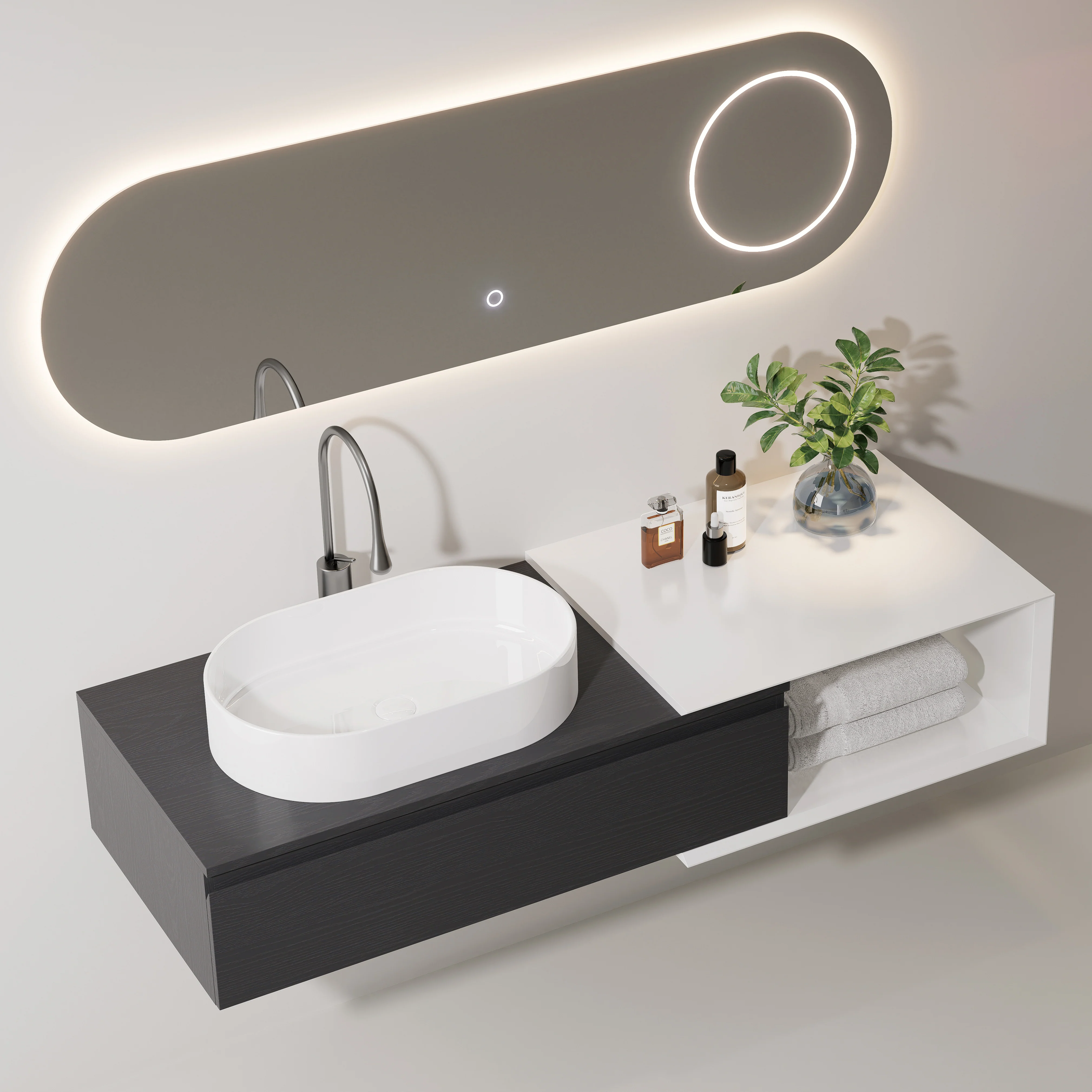 Ensemble meuble bois noir, vasque à poser, meuble ajustable Carrara  et miroir LED – Streich