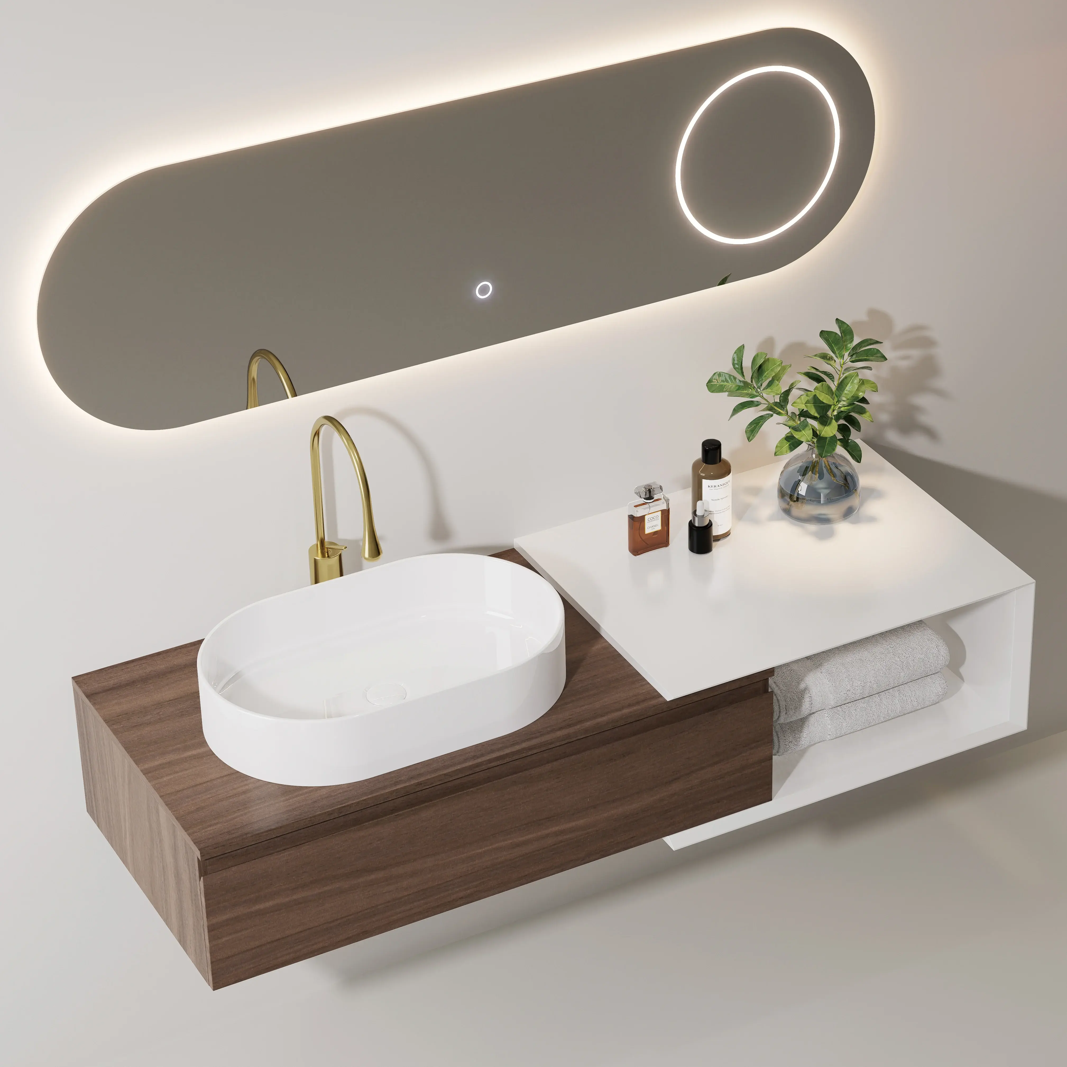 Ensemble meuble noyer,  vasque à poser, meuble ajustable Carrara et miroir LED – Streich