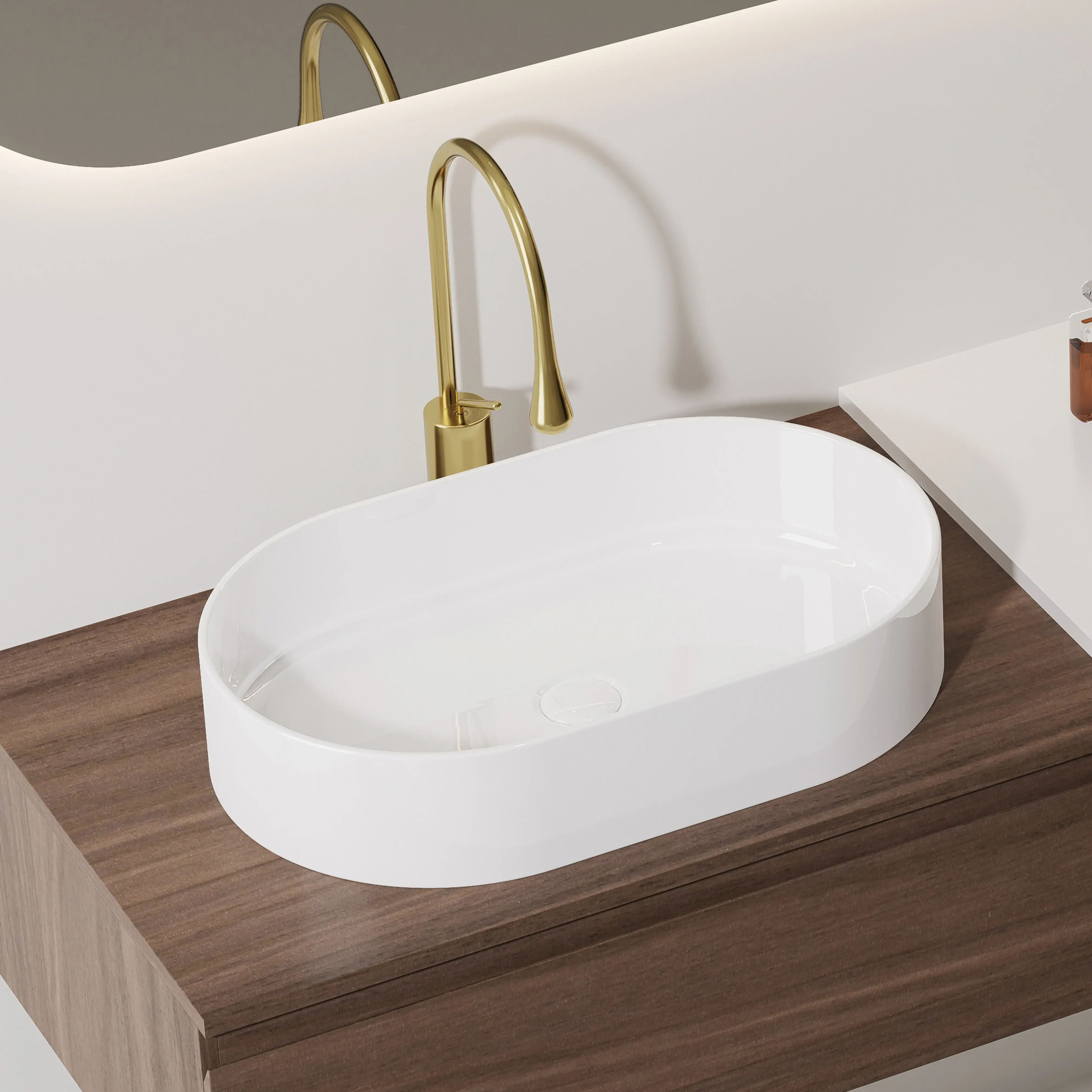 Ensemble meuble noyer,  vasque à poser, meuble ajustable Carrara et miroir LED – Streich