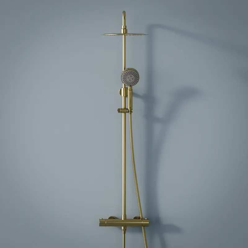 Colonne de douche avec mitigeur thermostatique, Ø25cm, doré brossé, douchette ronde, Châtelet 