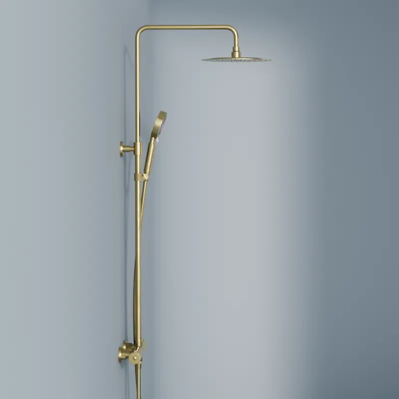 Colonne de douche avec mitigeur thermostatique, Ø25cm, doré brossé, douchette ronde, Châtelet 