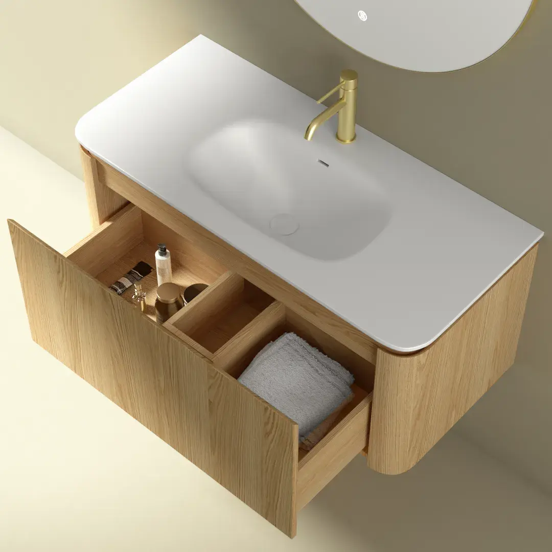 Meuble suspendu 100 cm, placage chêne naturel avec plan vasque en résine minérale blanc mat, Chloé