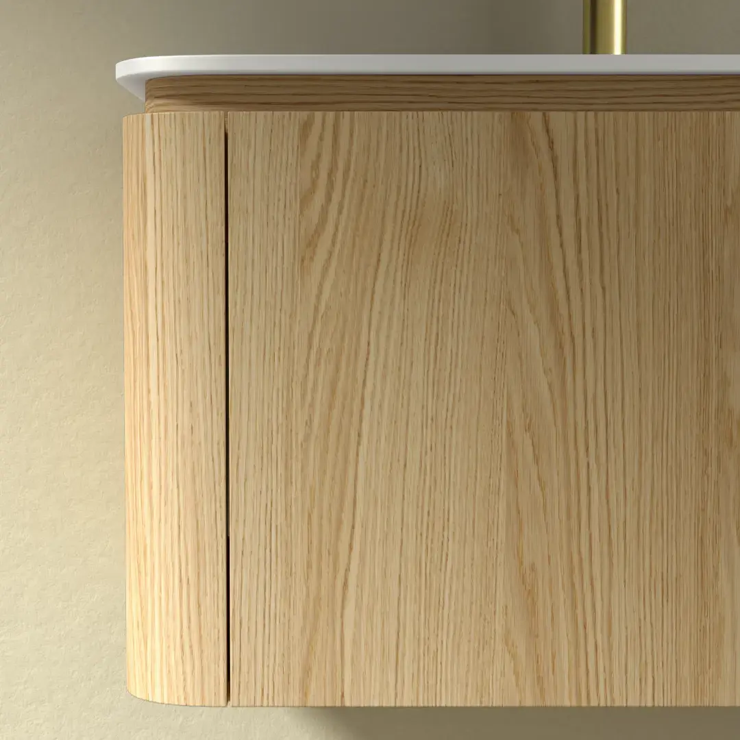 Meuble suspendu 100 cm, placage chêne naturel avec plan vasque en résine minérale blanc mat, Chloé
