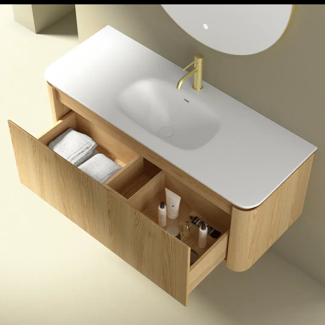 Meuble suspendu 120 cm, placage chêne naturel avec plan vasque en résine minérale blanc mat, Chloé