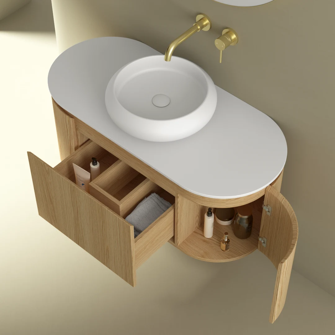 Meuble suspendu 100 cm, placage chêne naturel avec plan en résine minérale blanc mat, Céline