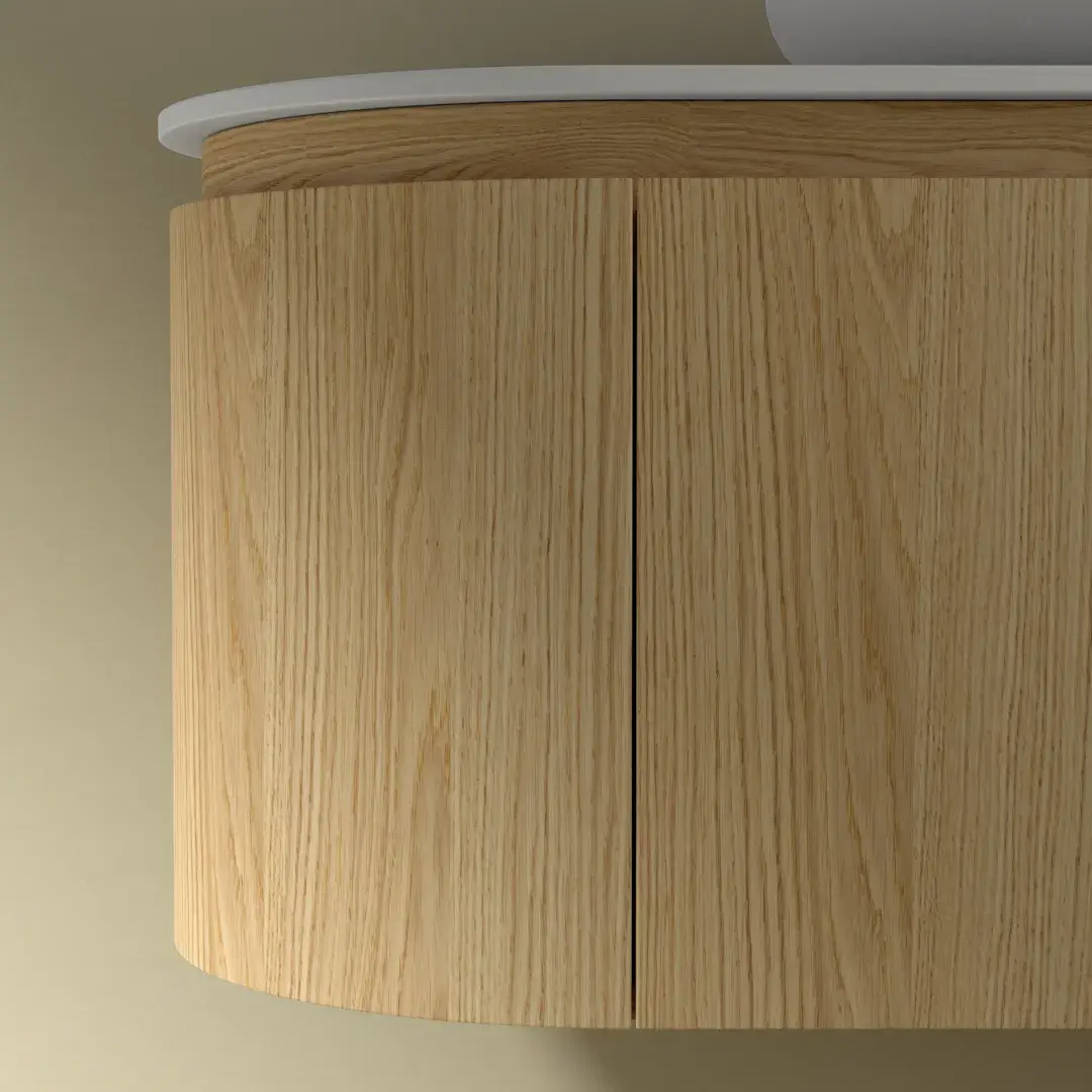 Meuble suspendu 120 cm, placage chêne naturel avec plan en résine minérale blanc mat, Céline 