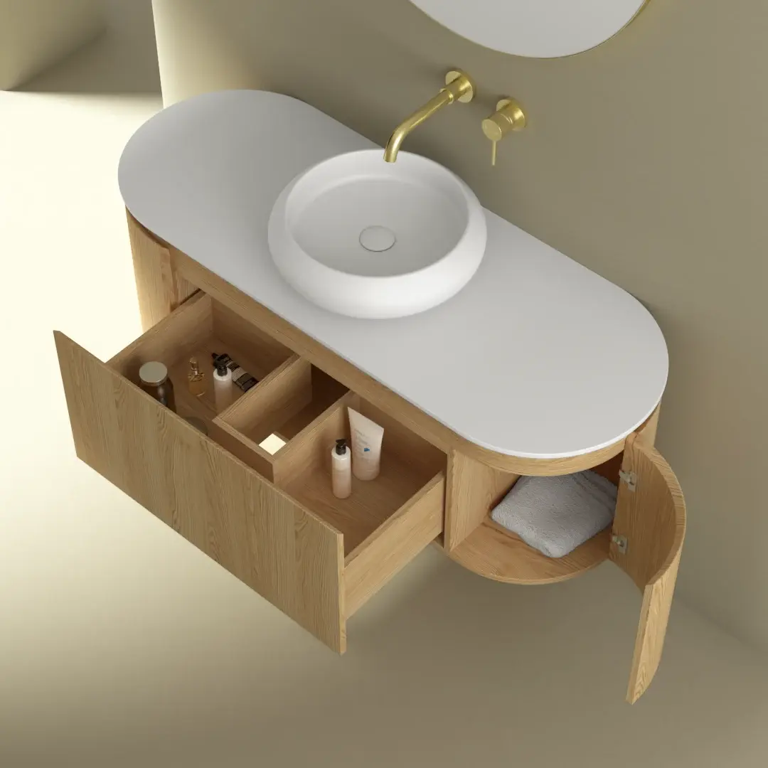 Meuble suspendu 120 cm, placage chêne naturel avec plan en résine minérale blanc mat, Céline 