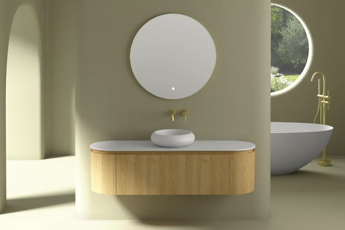 Meuble suspendu 150 cm, placage chêne naturel avec plan en résine minérale blanc mat, Céline   