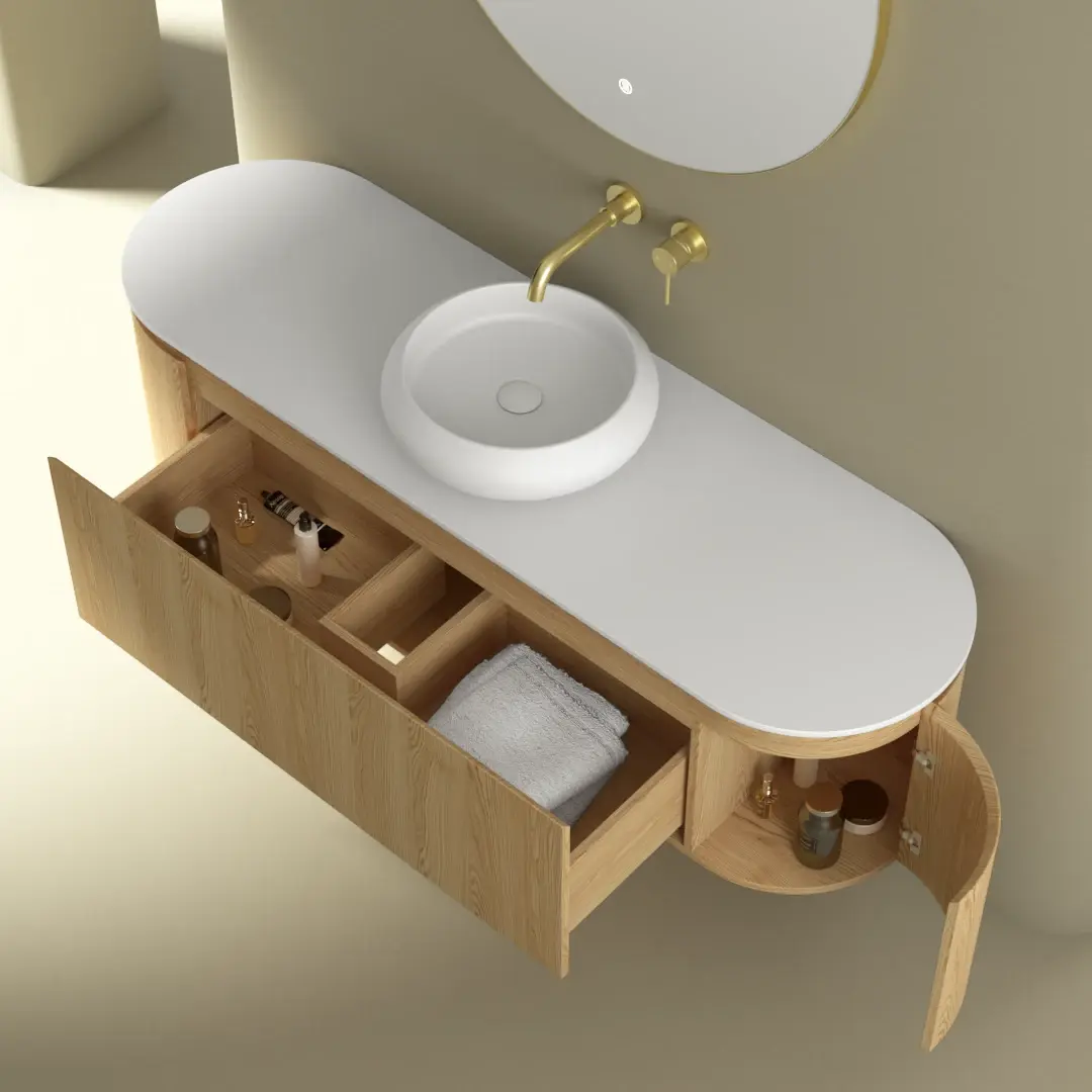 Meuble suspendu 150 cm, placage chêne naturel avec plan en résine minérale blanc mat, Céline   