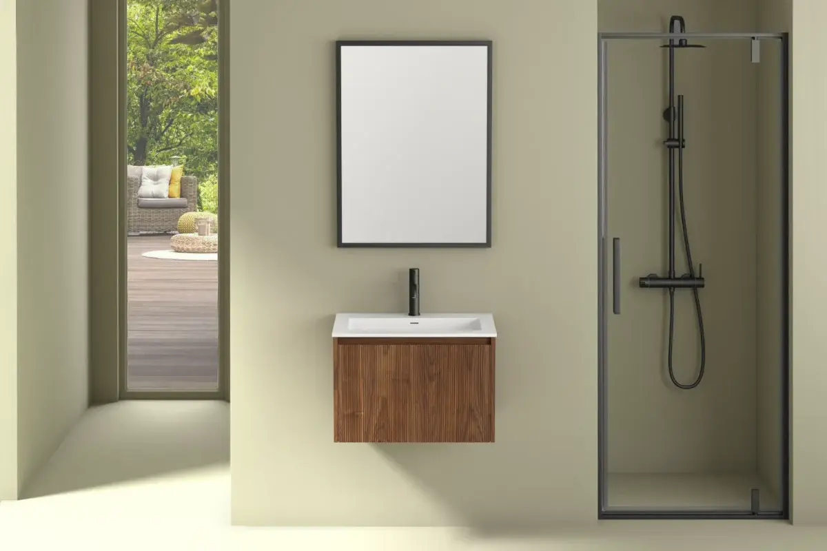 Meuble suspendu 60 cm, placage noyer naturel avec Plan vasque en résine, Louis