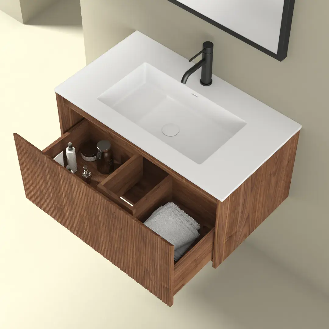 Meuble suspendu 80 cm, placage noyer naturel avec Plan vasque en résine, Louis