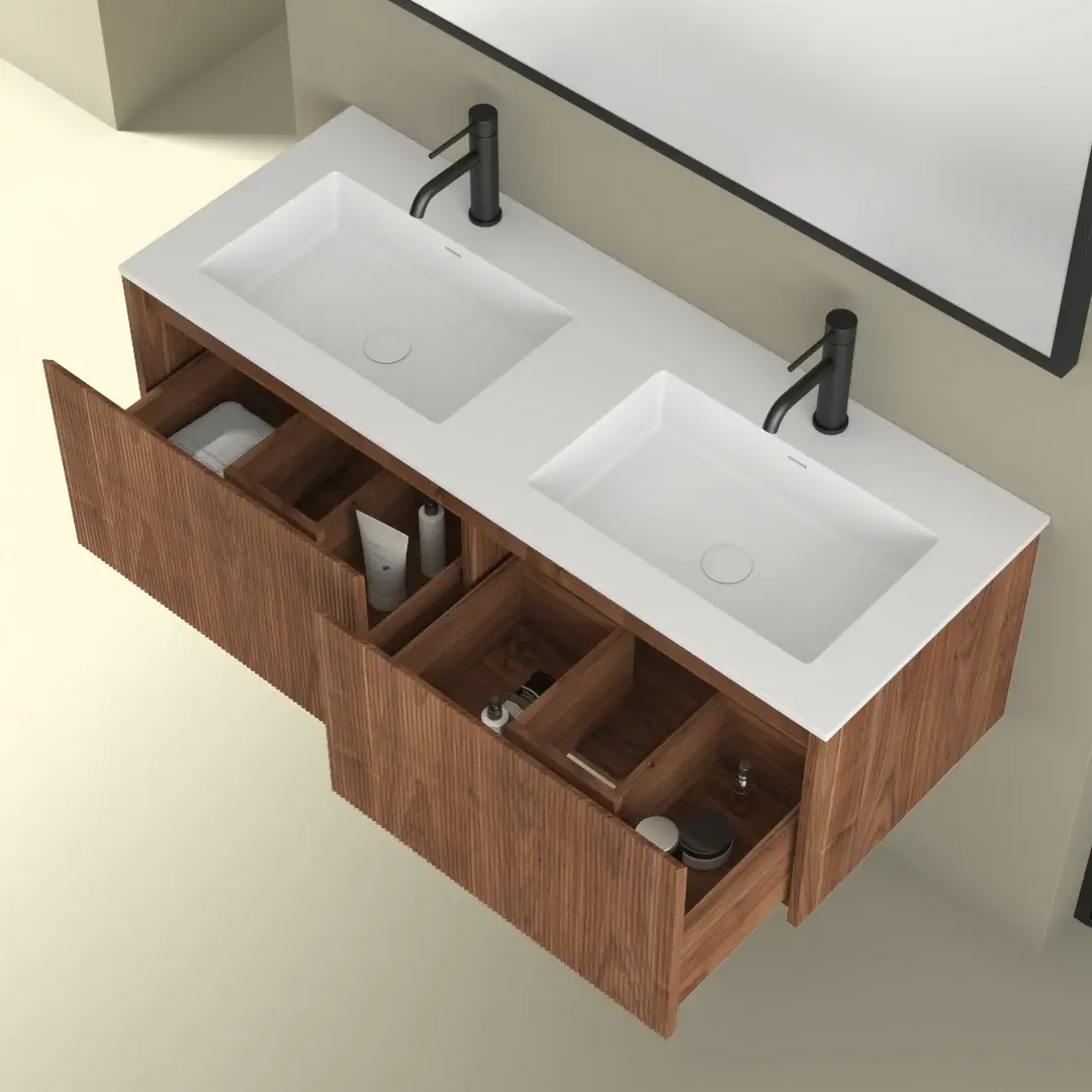 Meuble suspendu 120 cm, placage noyer naturel avec Plan vasque en résine, Louis