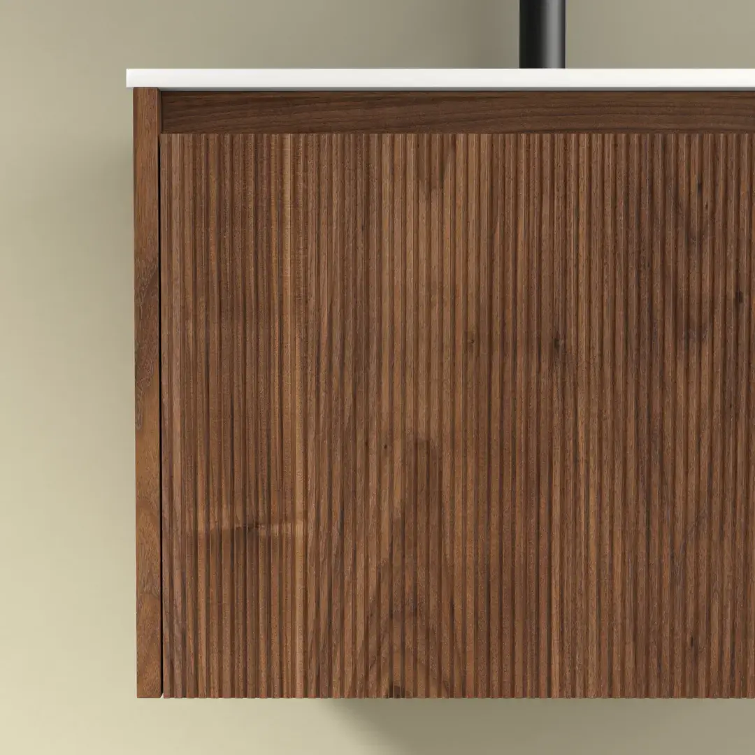 Meuble suspendu 150 cm, placage noyer naturel avec Plan vasque en résine, Louis