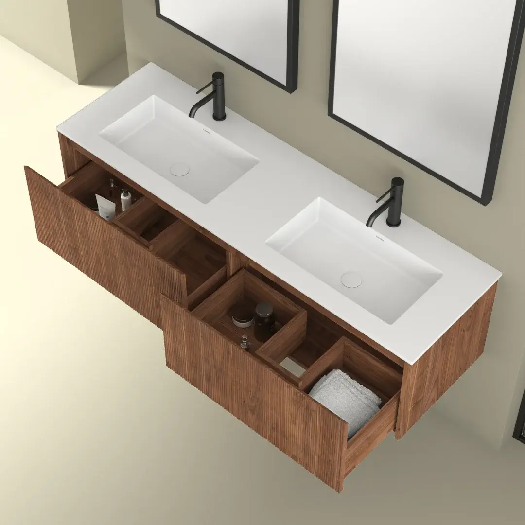Meuble suspendu 150 cm, placage noyer naturel avec Plan vasque en résine, Louis