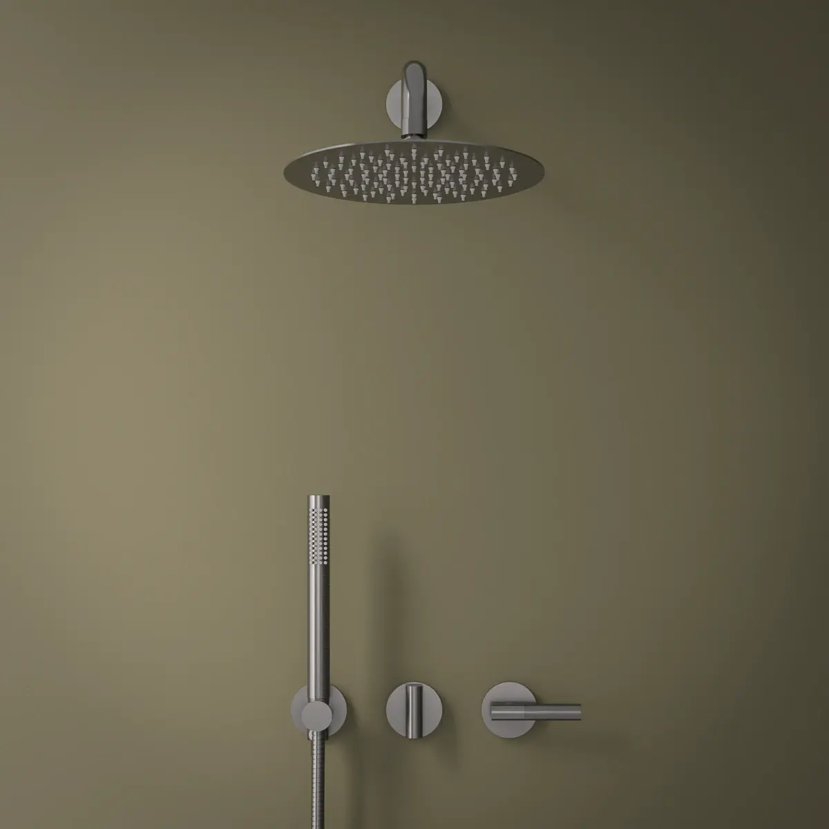 Set de douche encastré complet gun metal Honfleur - design affirmé et contemporain avec pomme de tête extra-plate, douchette minimaliste moletée et leviers ronds discrets, le tout sublimé par une finition gris anthracite satinée à l’esthétique industrielle chic