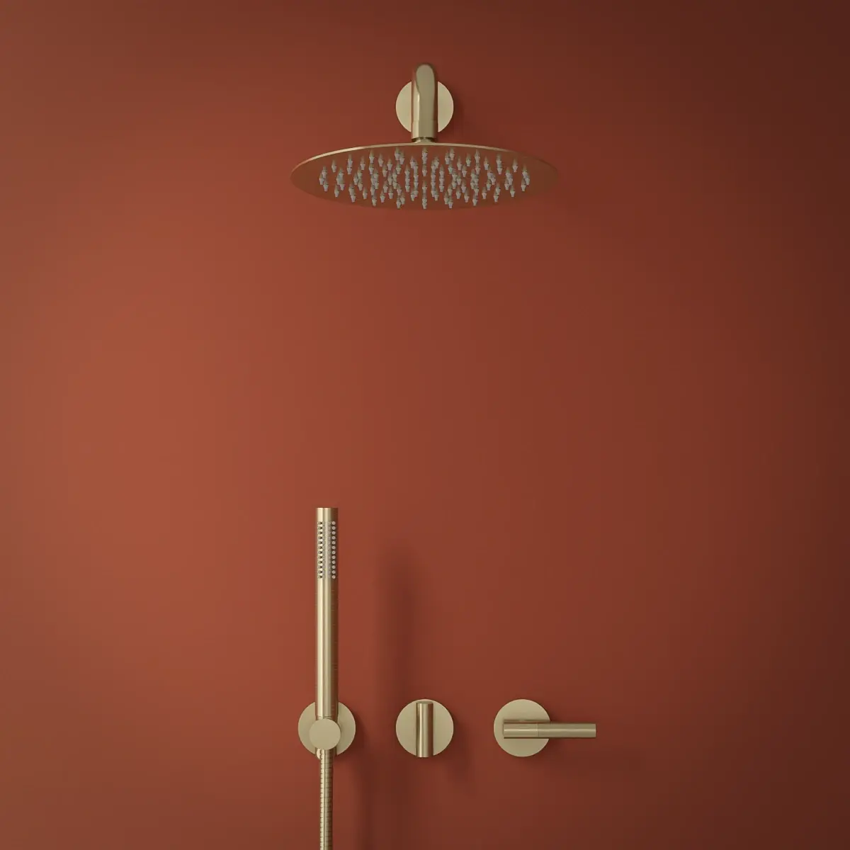 Set de douche encastré complet doré brossé Honfleur - ensemble raffiné comprenant pomme haute ronde, douchette cylindrique moletée et commandes minimalistes intégrées, finition en laiton doré brossé alliant confort moderne, esthétique épurée et savoir-faire haut de gamme