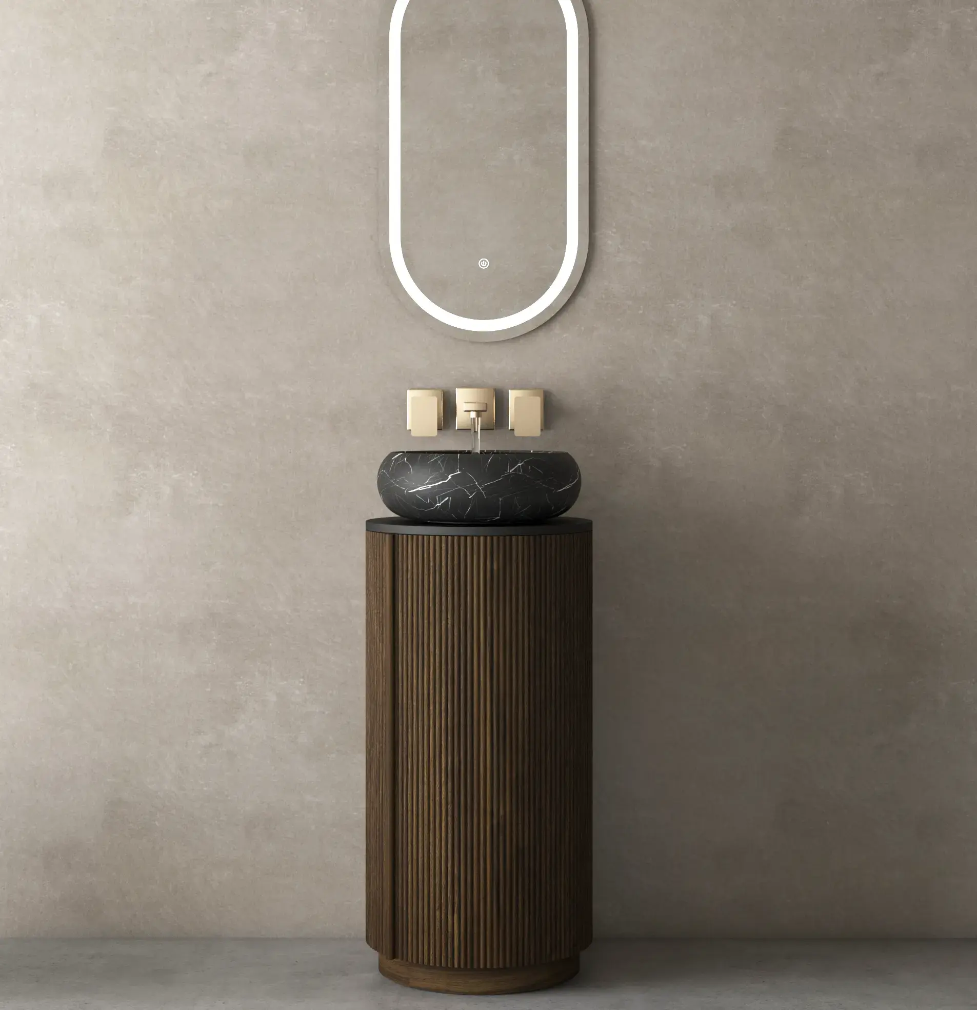 Meuble Totem  en bois cannelé noyer avec vasque en marbre noir