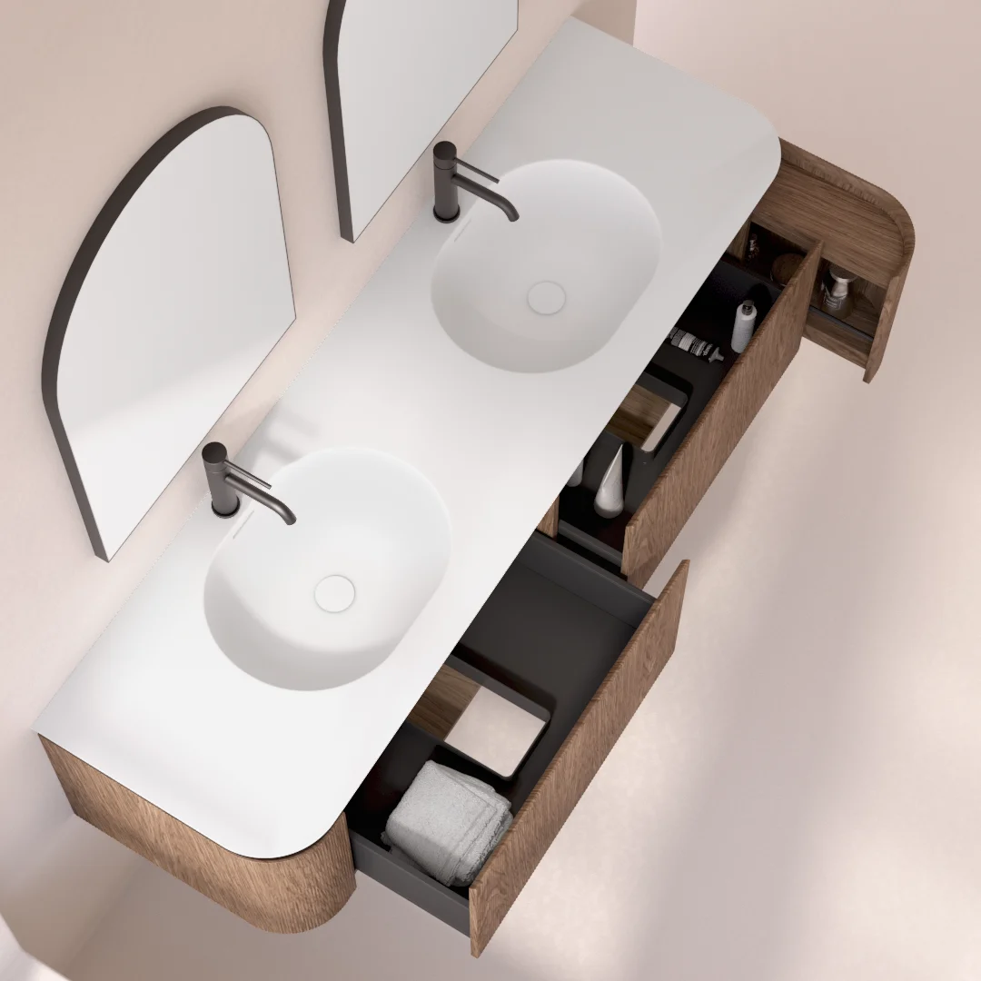 Meuble double vasque suspendu cannelé 160 cm, noyer, avec plan vasque en résine minérale, Grace