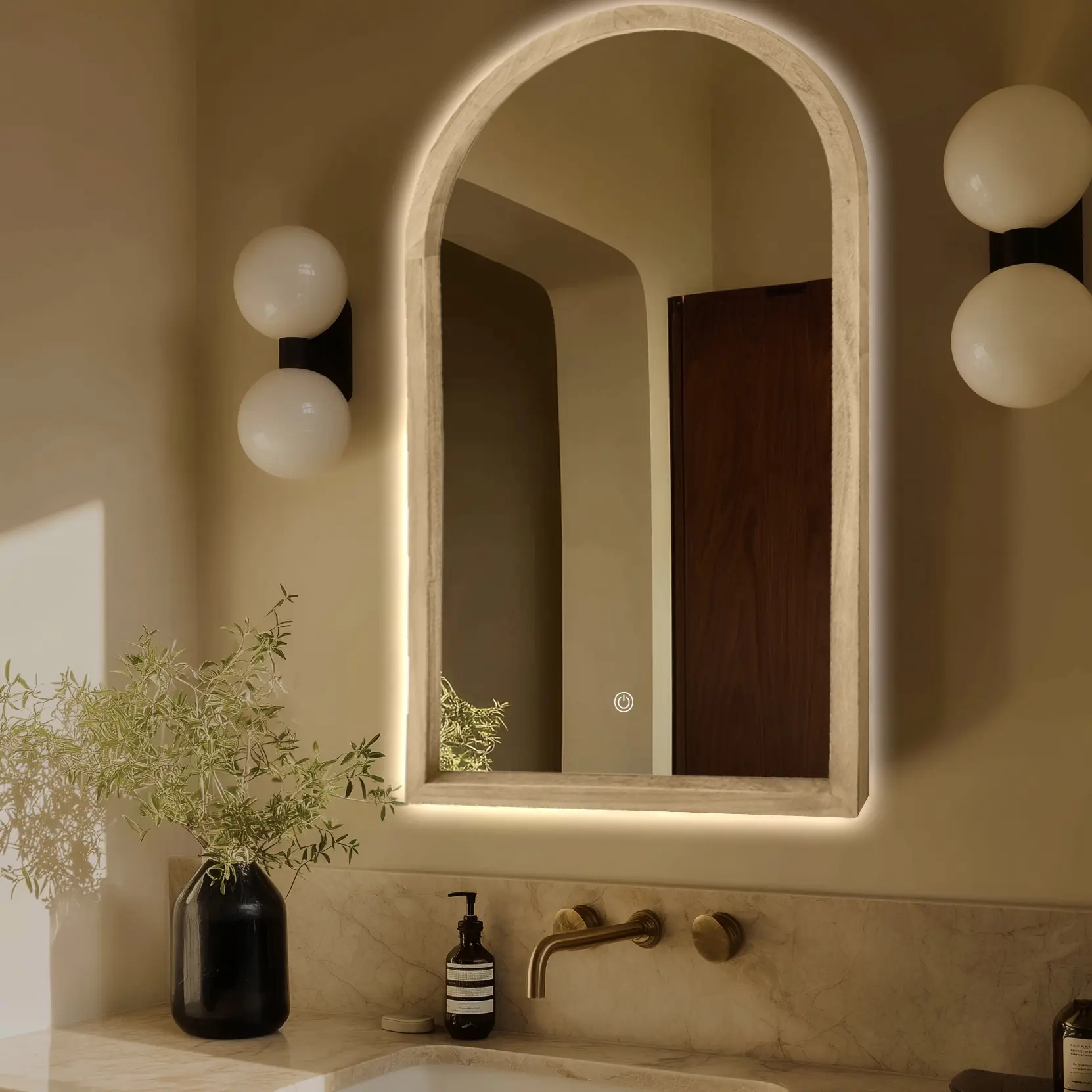 Miroir Demi-lune, rétroéclairage 55x100cm, cadre Chêne, Hikari 