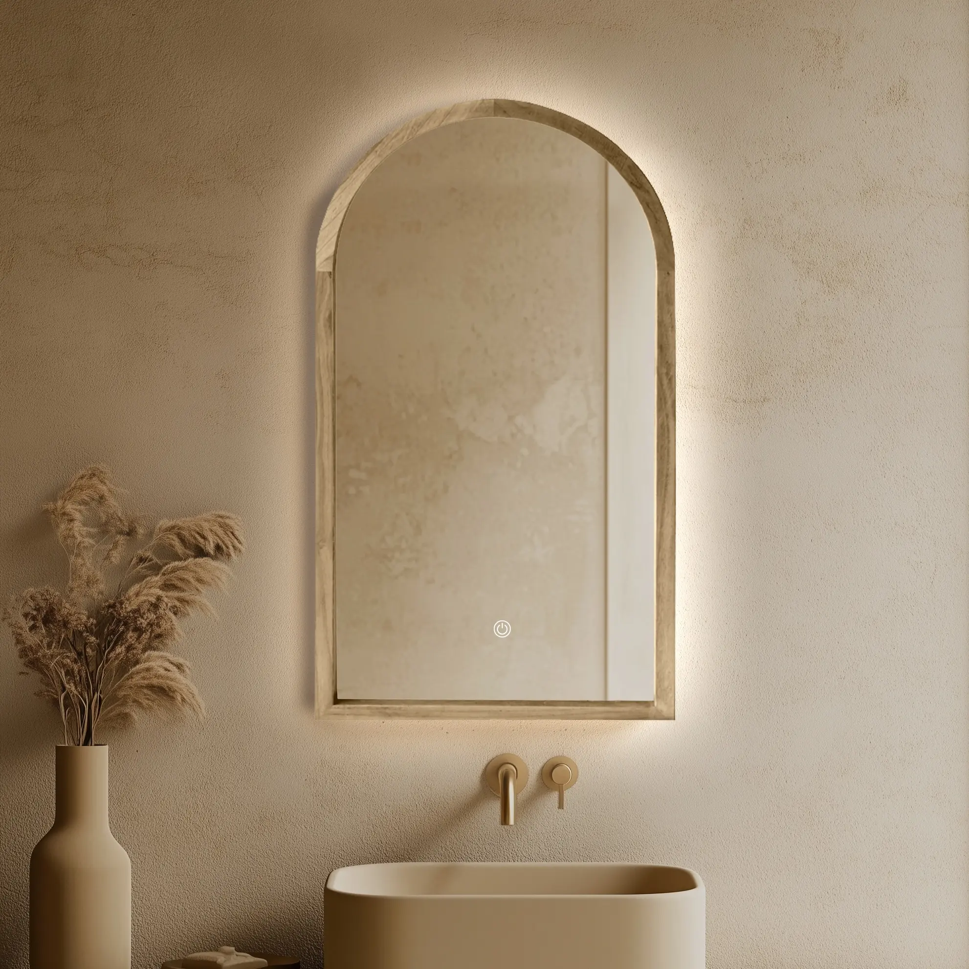 Miroir demi-lune avec cadre en bois chêne clair et bouton pour rétroéclairage
