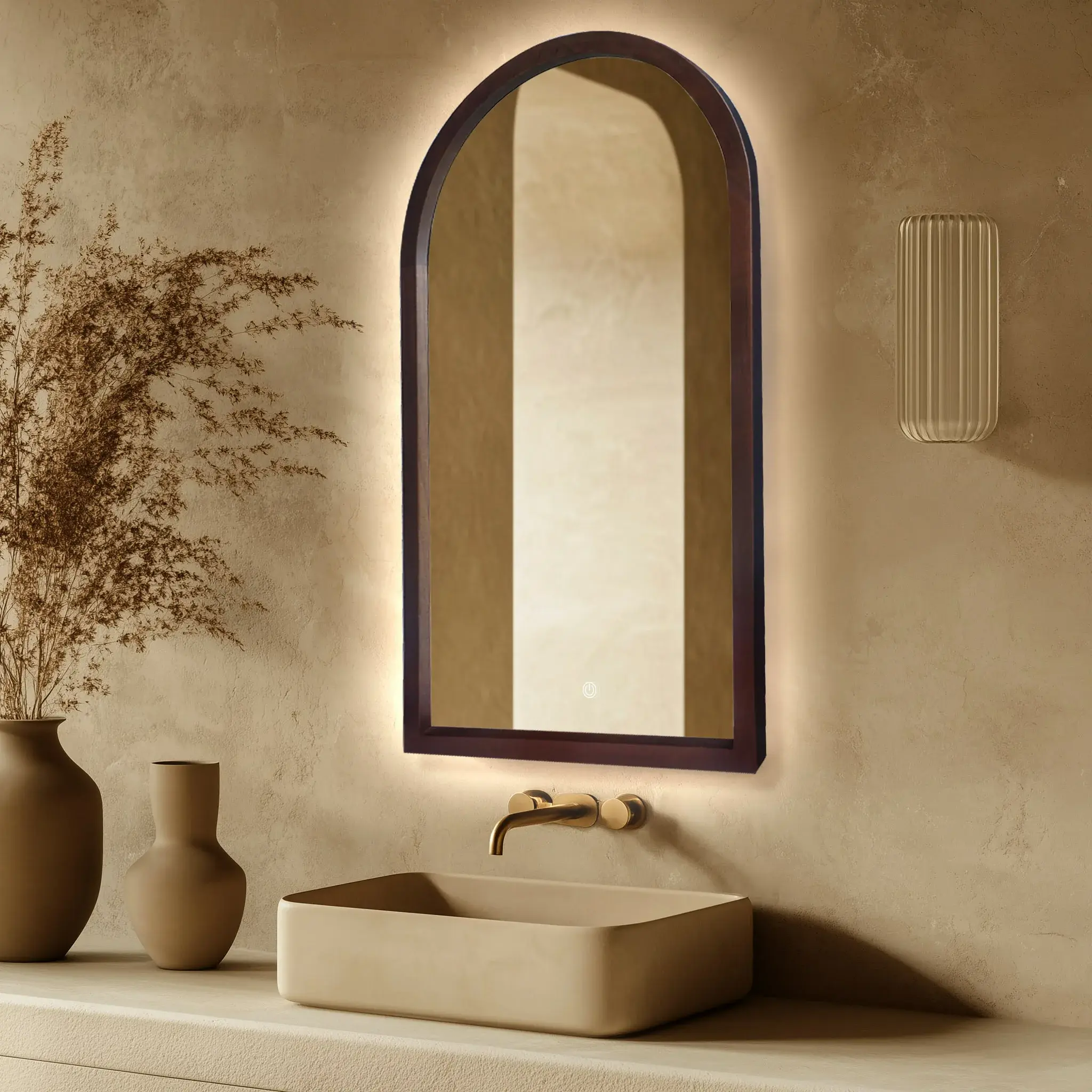 Miroir Demi-lune, rétroéclairage 55x100cm, cadre Noyer, Hikari 