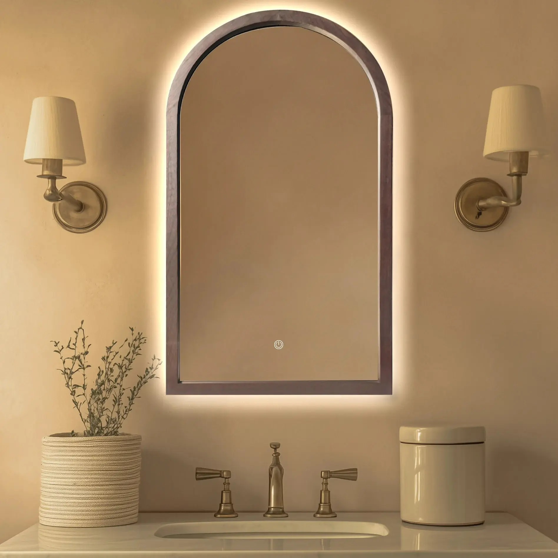 Miroir demi-lune avec cadre en bois noyer et bouton pour rétroéclairage
