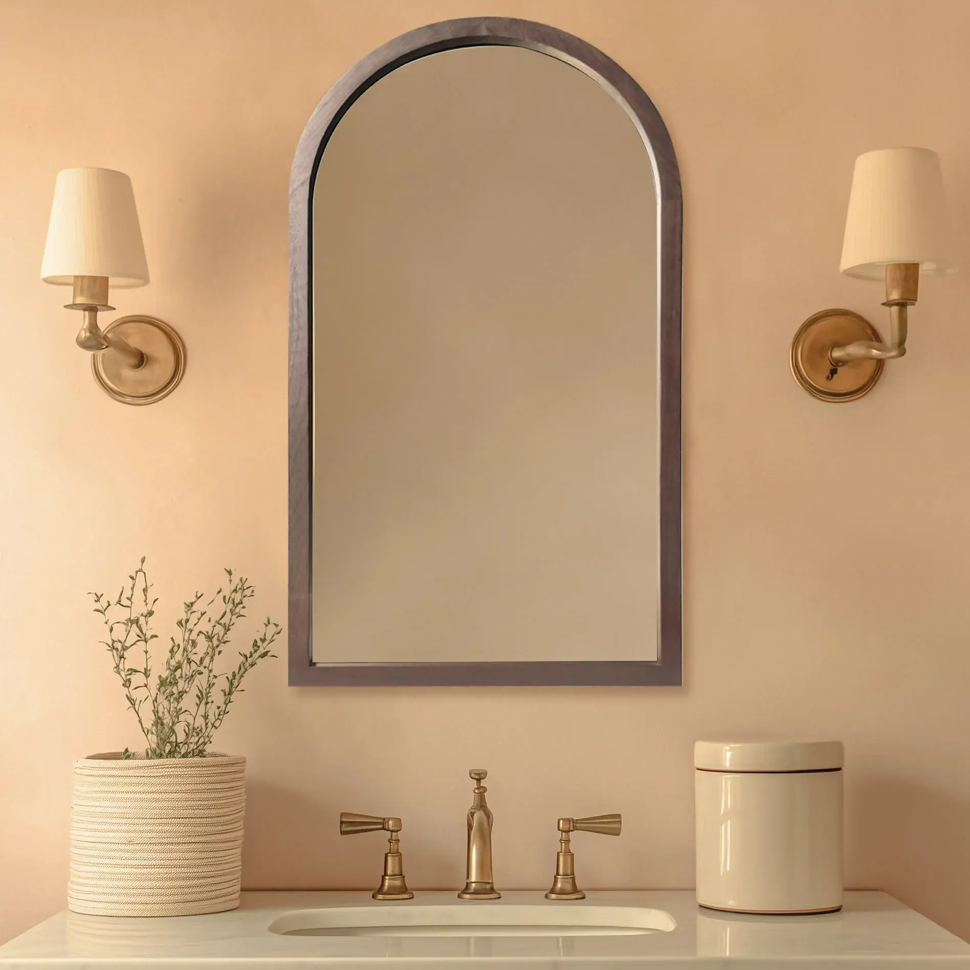 Miroir demi-lune avec cadre en bois noyer