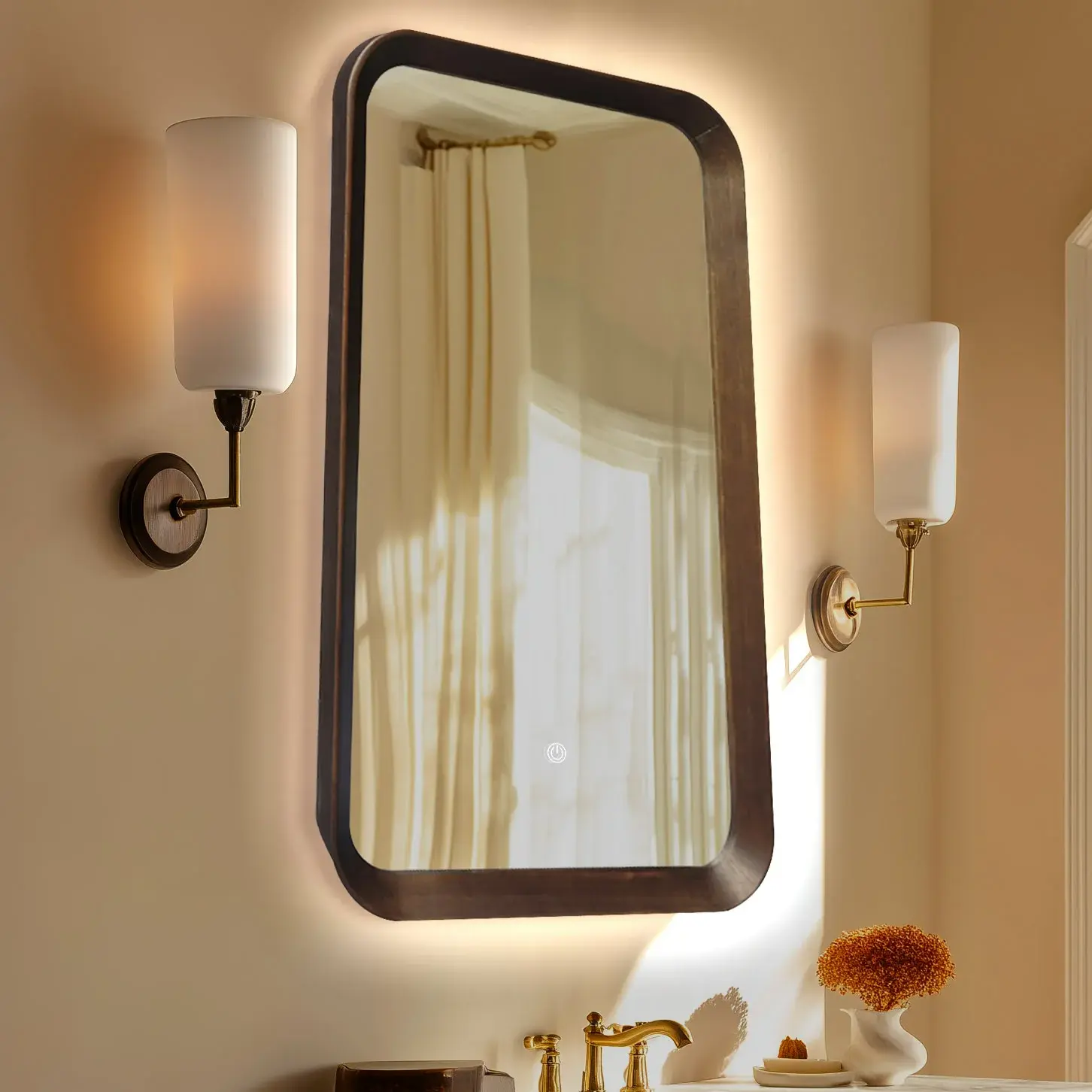 Miroir Rétro Eclairage 50x80cm, cadre Noyer, Asami 
