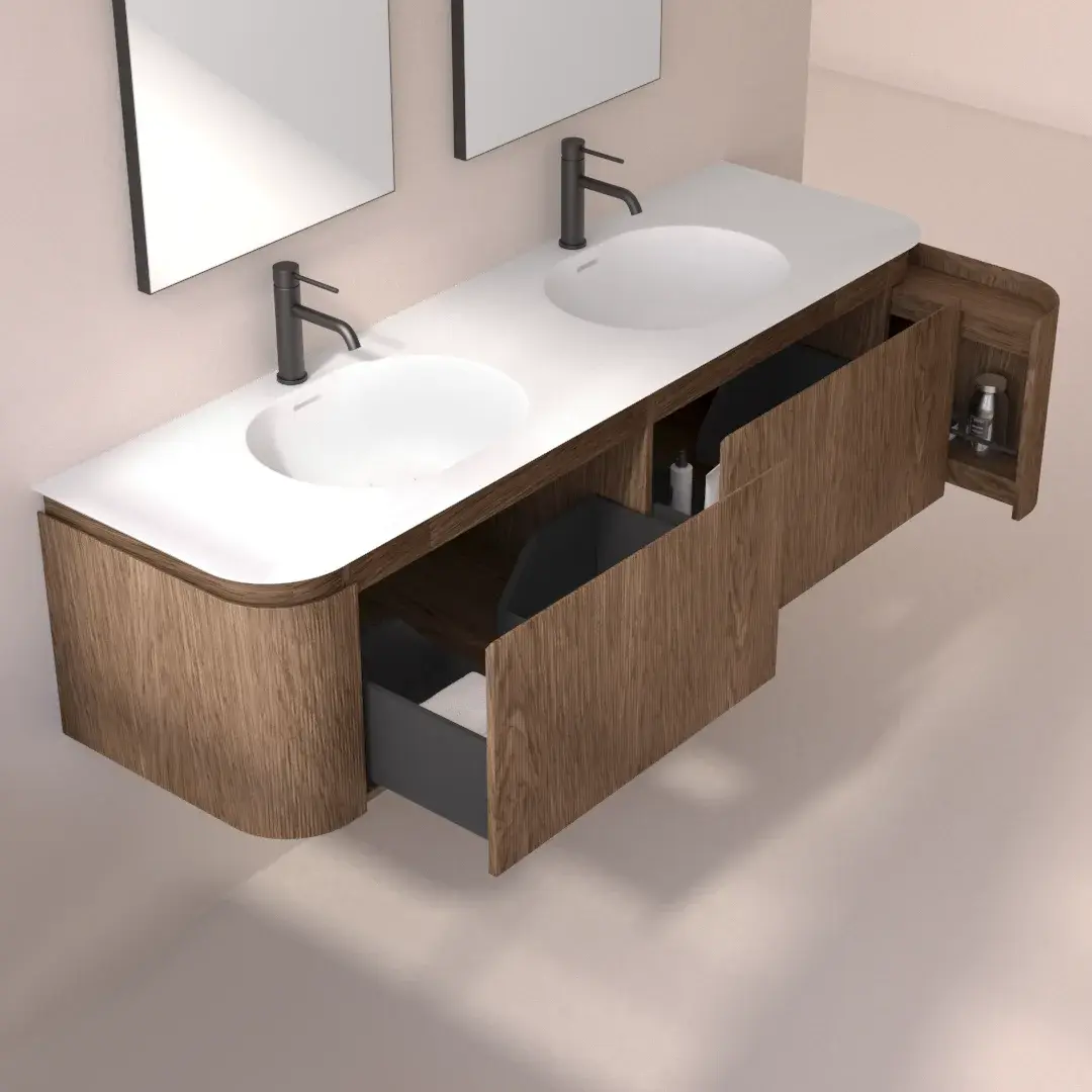 Meuble double vasque suspendu cannelé 160 cm, noyer, avec plan vasque en résine minérale, Grace