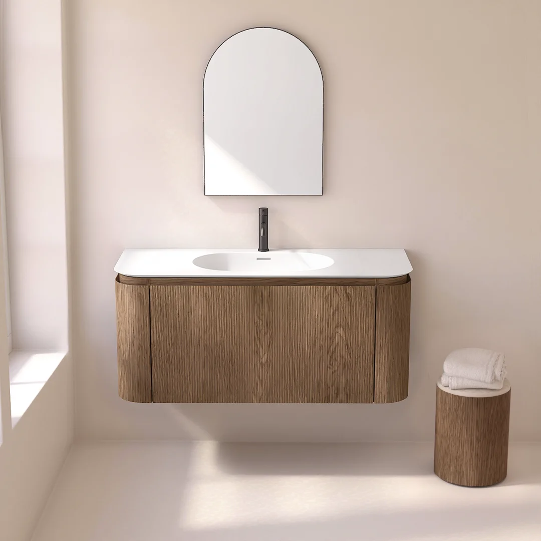 Meuble vasque suspendu cannelé 120cm, noyer avec plan vasque en résine minérale, Grace