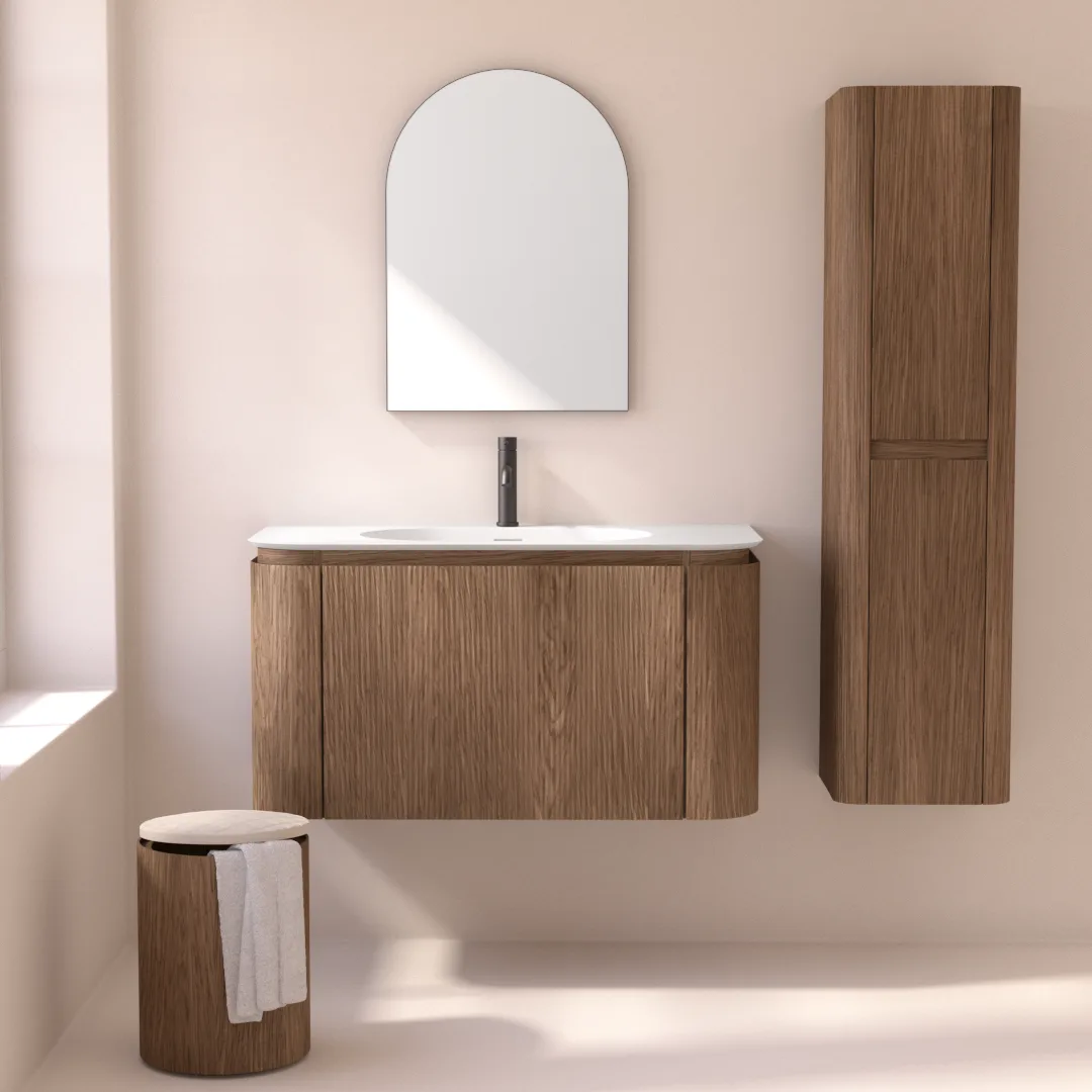 Meuble vasque suspendu cannelé 100 cm, noyer avec plan vasque en résine minérale, Grace