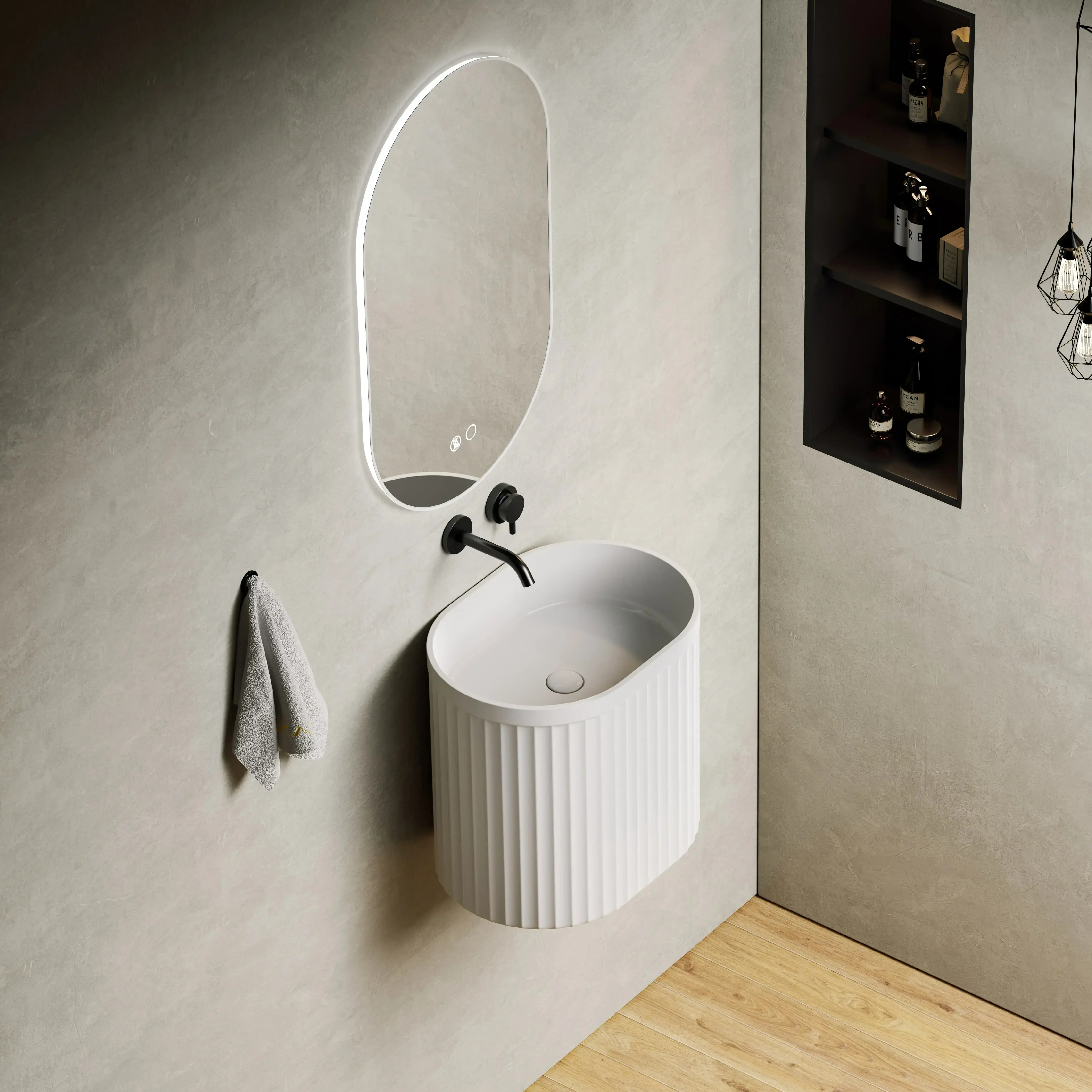 lavabo à poser blanc à surface cannelée, monté sur une console en métal noir avec étagère inférieure