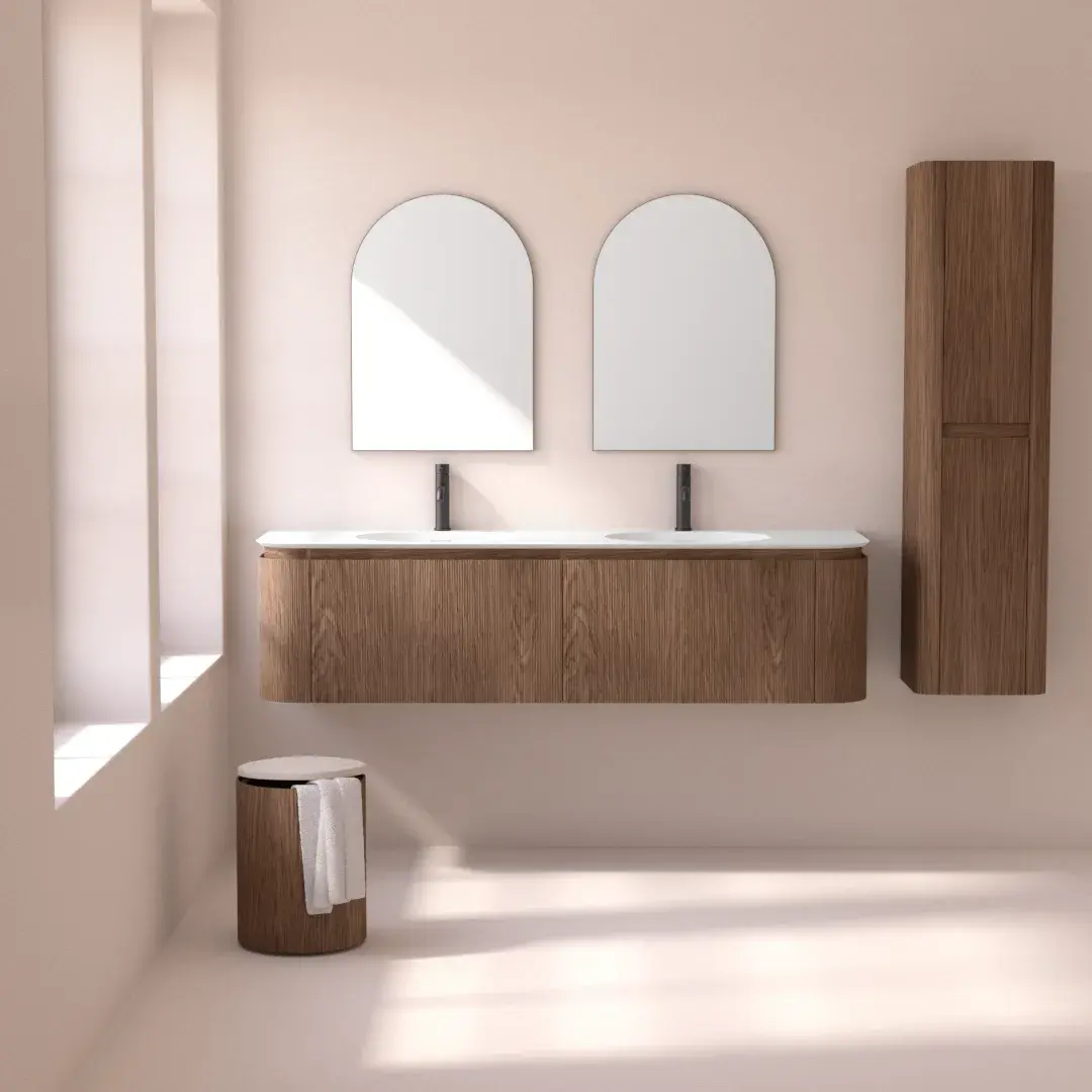 Meuble double vasque suspendu cannelé 160 cm, noyer, avec plan vasque en résine minérale, Grace