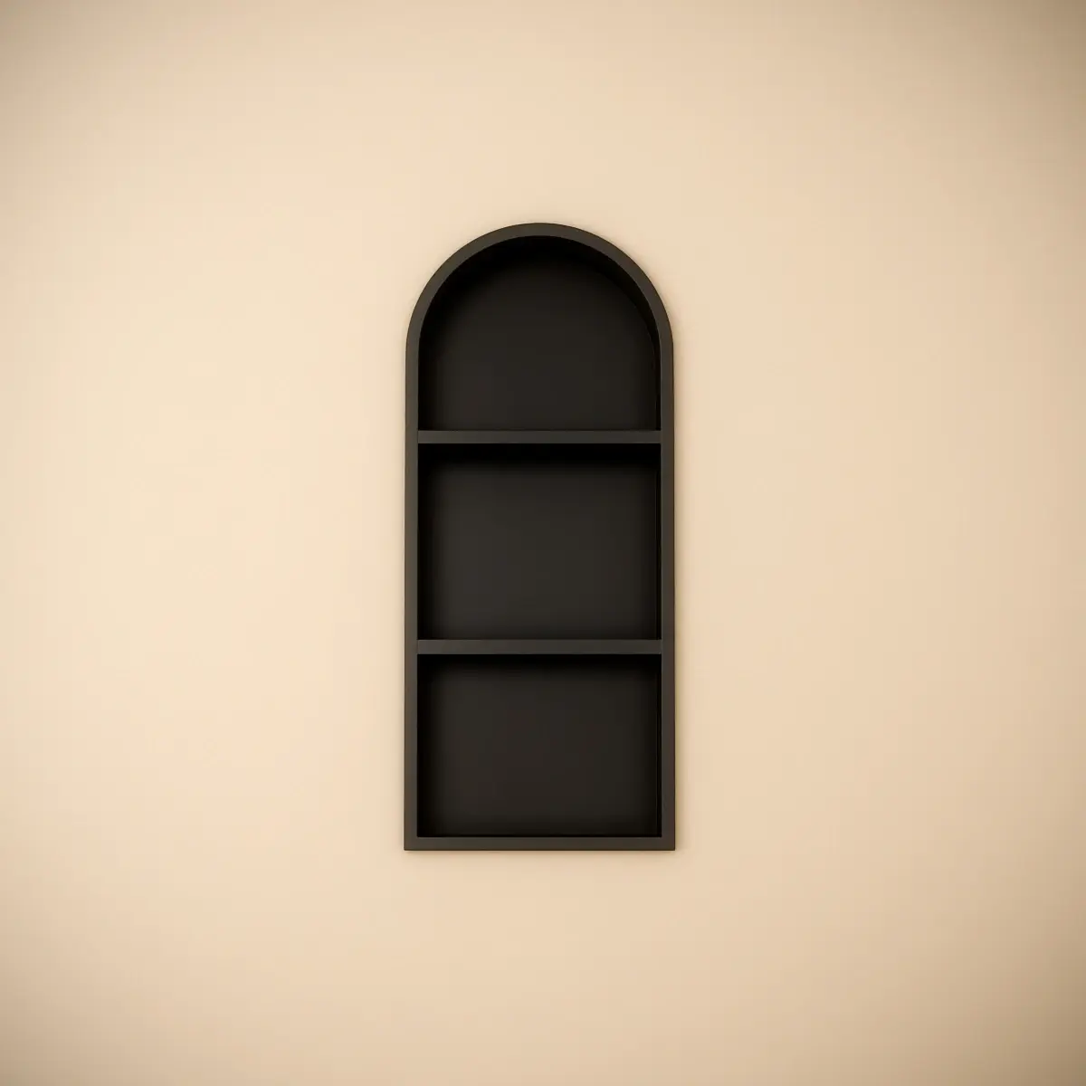 Niche murale arrondie à encastrer en inox finition noir mat, avec trois niveaux de rangement. Une solution élégante et moderne pour la douche ou la salle de bain.
