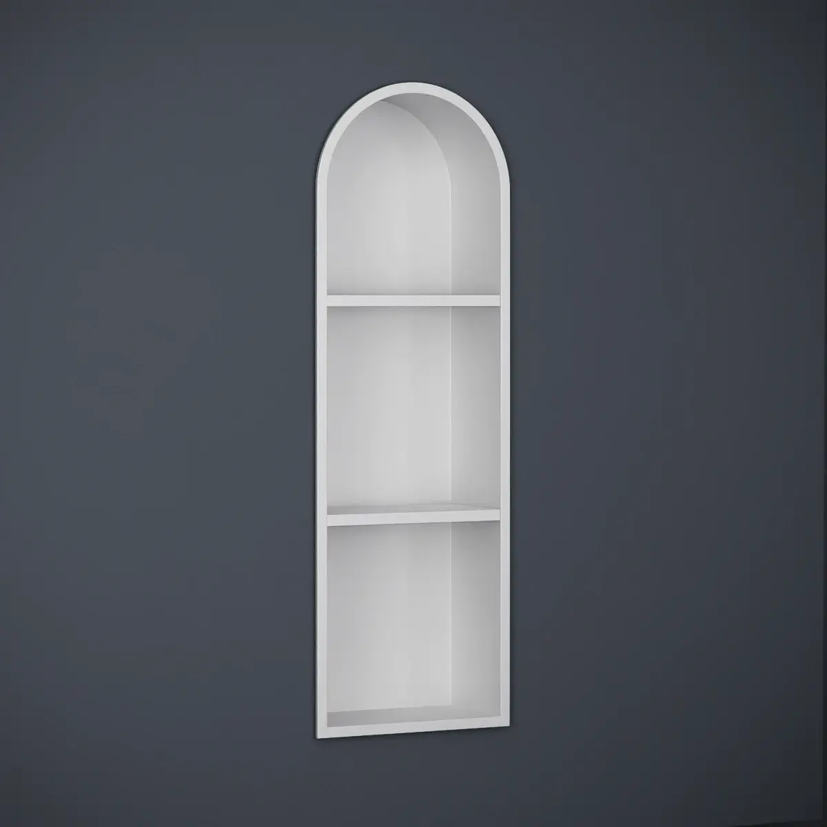 Niche murale arrondie à encastrer en inox blanc mat, avec trois compartiments. Discrète et fonctionnelle, elle complète parfaitement un décor minimaliste.