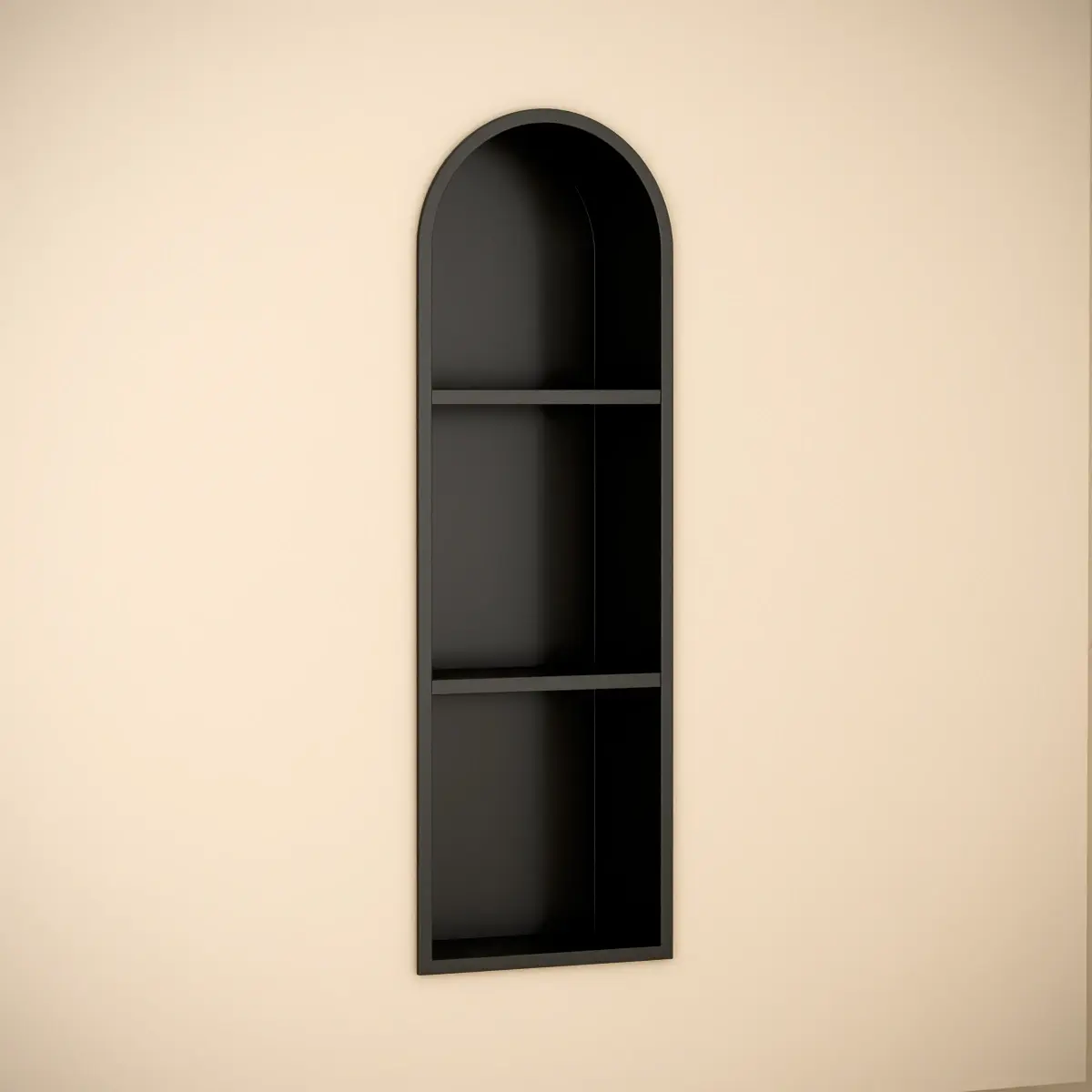 Niche murale arrondie à encastrer en inox finition noir mat, avec de nombreux rangement. Une solution élégante et moderne pour la douche ou la salle de bain.