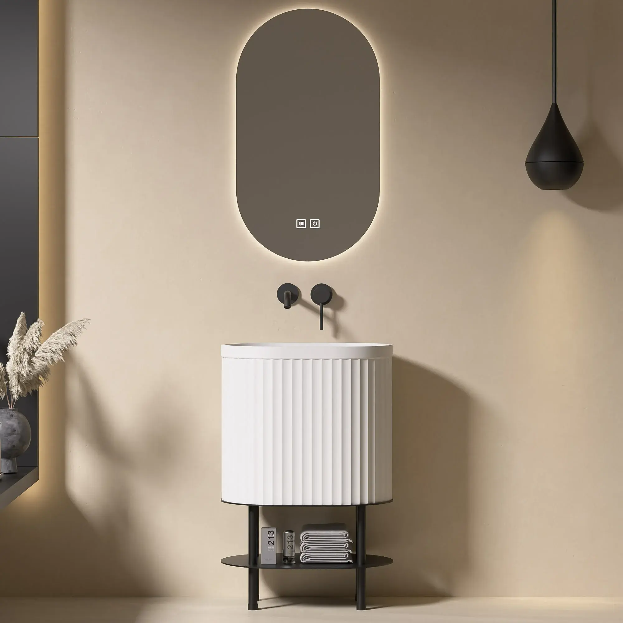 lavabo à poser blanc à surface cannelée, monté sur une console en métal noir avec étagère inférieure