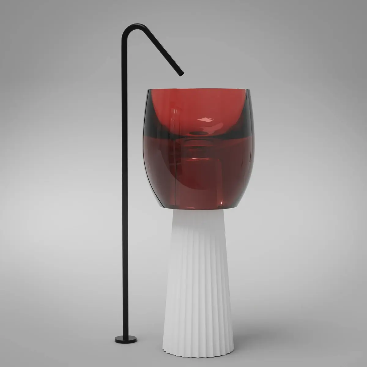 Totem lavabo Zante avec vasque transparente rouge sur piédestal blanc mat cannelé. Design 40x40x90 cm, parfait pour salle de bain au style affirmé.