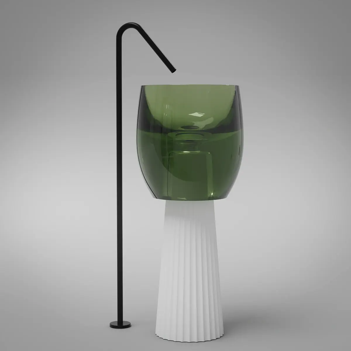 Totem Zante avec vasque transparente verte et piédestal blanc mat cannelé. Lavabo sur pied au format 40x40x90 cm pour un style unique dans la salle de bain.