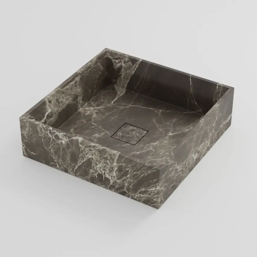 Vasque carrée en marbre marron naturel, finition mate, aux veines délicates et teinte minérale élégante.