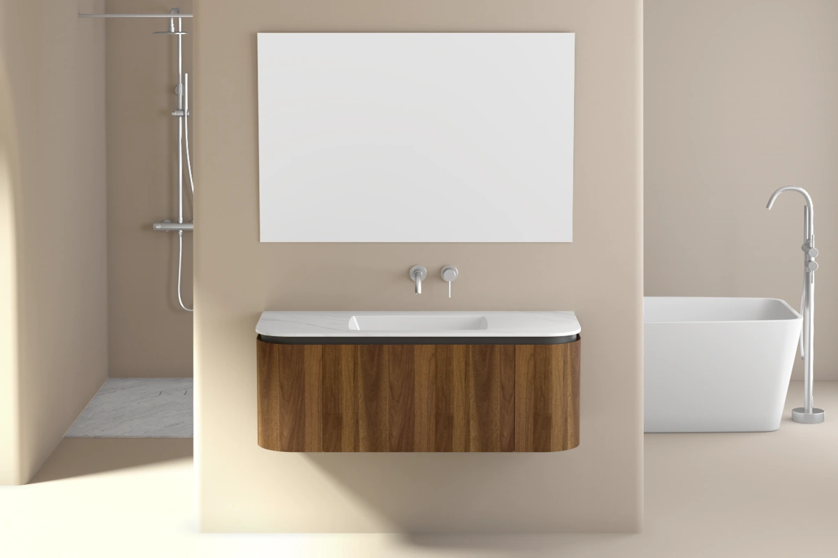 Meuble vasque suspendu 120 cm en noyer, bords arrondis, plan en marbre blanc avec vasque encastrée en céramique.