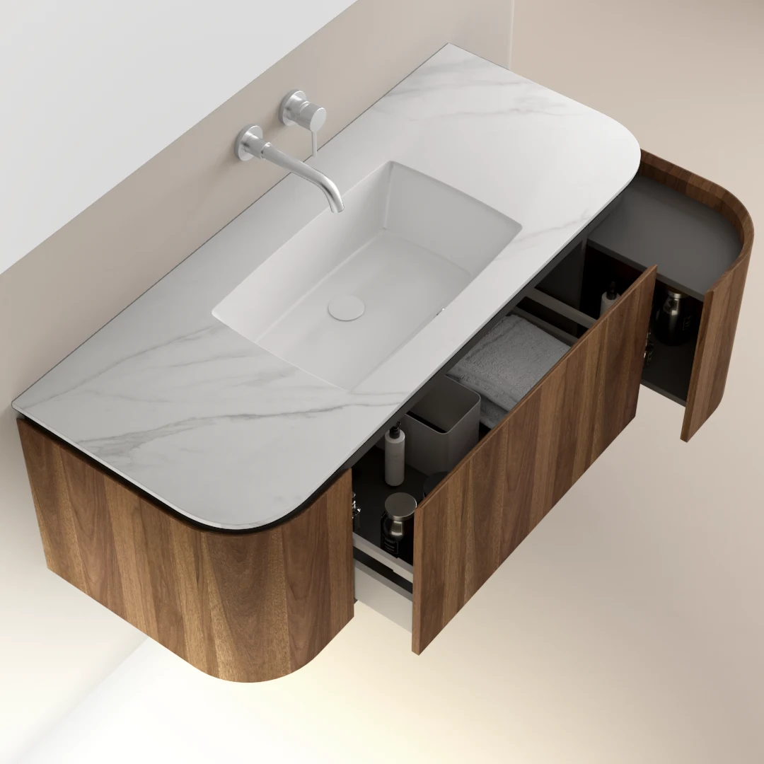 Meuble vasque suspendu arrondi en noyer, 120 cm, Louis