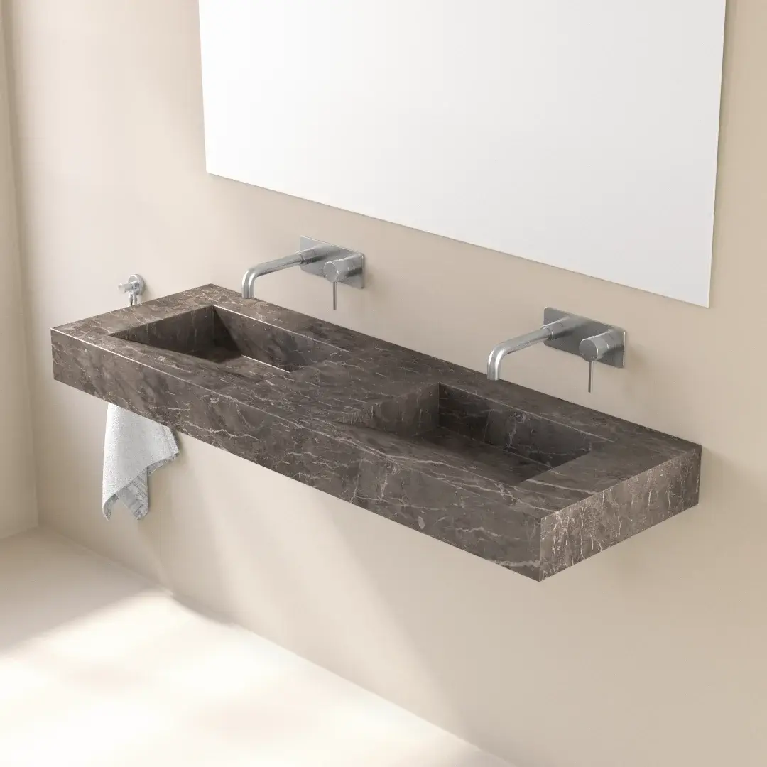 Plan double vasque marbre, 141x46x12cm, Turkey grey, Lake 