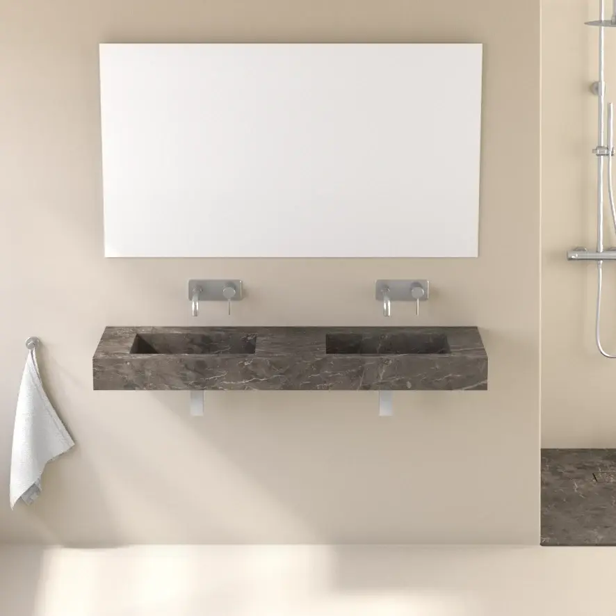 Plan double vasque marbre, 141x46x12cm, Turkey grey, Lake 