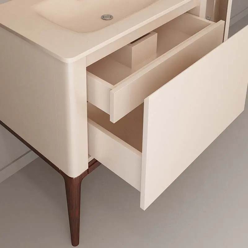 Meuble à poser beige, 80 cm, avec plan vasque encastré en verre, Panthéon