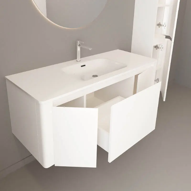 Meuble suspendu blanc mat, 120 cm, avec plan vasque encastré en verre, Panthéon