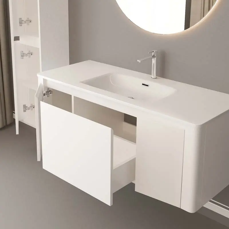 Meuble suspendu blanc mat, 120 cm, avec plan vasque encastré en verre, Panthéon