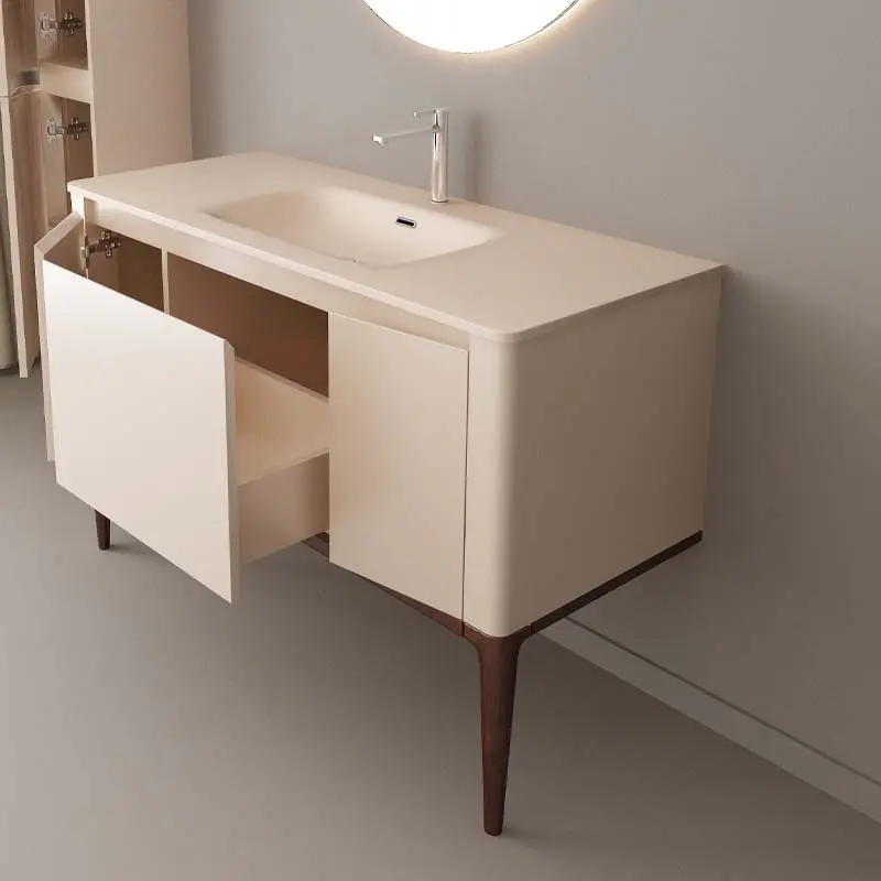 Meuble à poser beige, 120 cm, avec plan vasque encastré en verre, Panthéon